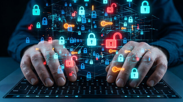 Cybersecurity concept with glowing digital padlocks and digital keys floating above laptop keyboard