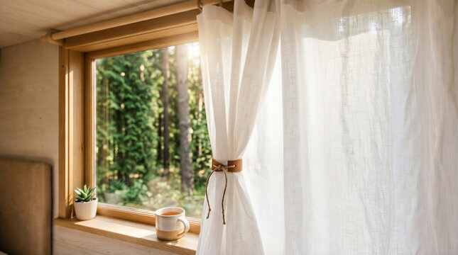 Sunlight filters through white curtains in wooden cabin window overlooking forest. Relaxation, nature retreat, cozy interior, wellness.