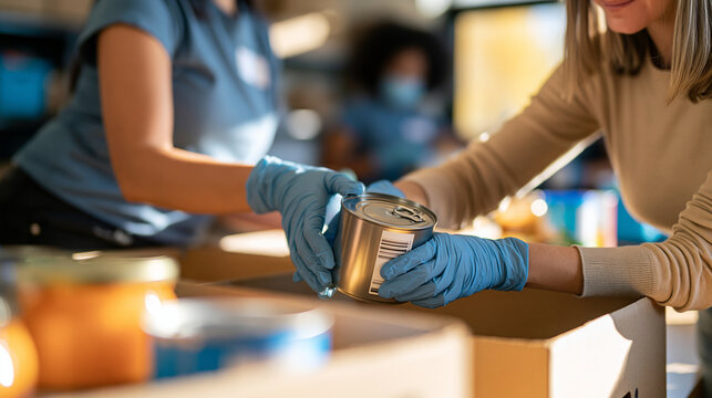 rear view of young activists packing food donations into carton boxes at a bright community center, backs to camera, assisting elderly and low-income community members concept,