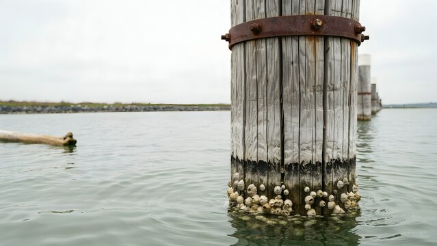 Large wooden pier support column with barnacles in a calm body of water