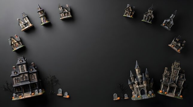 Collection of miniature model ships arranged on a dark gray surface overhead