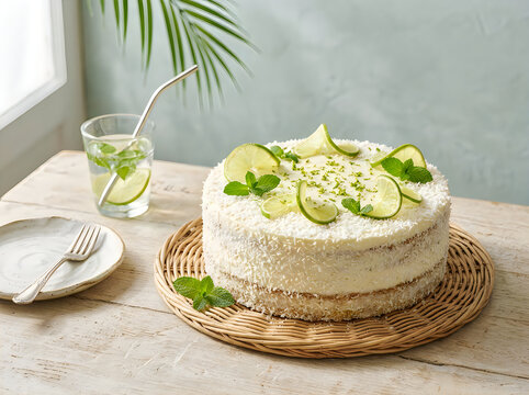 Delicious homemade lime cake decorated with fresh lime slices and mint leaves on a rustic wooden table