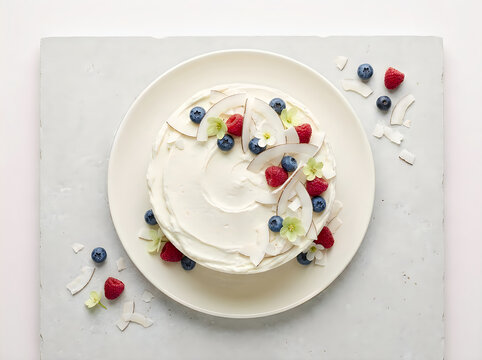 A delicious round cake topped with fresh whipped cream and an assortment of colorful berries on a plate