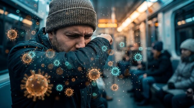 Man Coughing into Elbow in Public Transit with Floating Virus Particles Illustrating Infection Spread