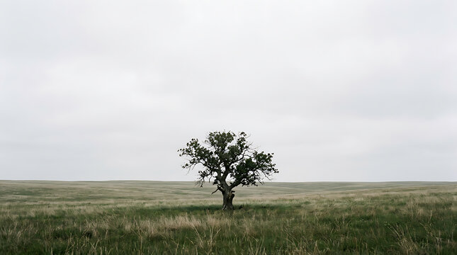Minimalist Lone Tree Grassland Negative Space Nature Background
