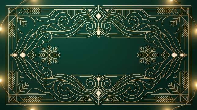 Elegant art deco christmas frame with golden flourishes and snowflakes on a dark green background for holiday invitations and greeting cards