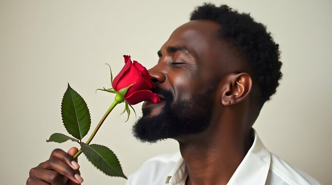 A joyful Black man enjoys the aroma of a red rose, expressing happiness and love in a serene setting.