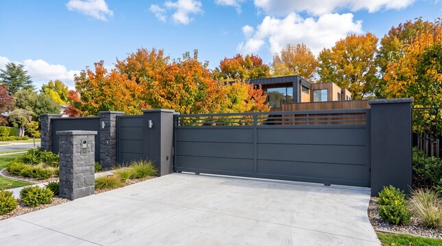 Modern dark grey automatic sliding gate with a stone pillar entryway stands before a contemporary luxury home surrounded by colorful autumn trees.