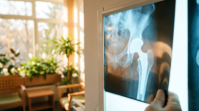 Hip replacement x-ray film showing an artificial joint implant in a patient. This radiograph demonstrates orthopedic surgery outcomes for International Day of Radiology awareness.