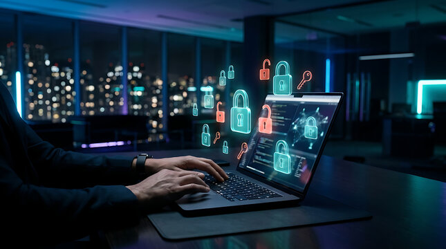 Cybersecurity expert typing on laptop at night with glowing digital padlocks and security symbols