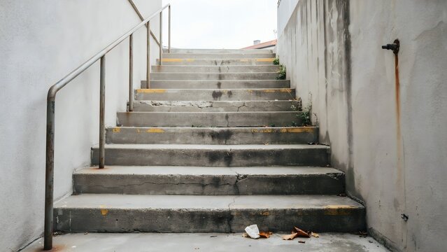 Concrete outdoor staircase with metal handrail and weathered walls in urban setting