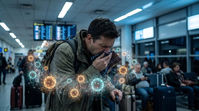 Sick man coughing and spreading viral infection in a busy airport terminal representing global health risks and contagious diseases