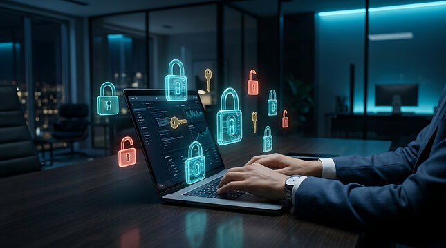 Man working on laptop computer at night with glowing security padlocks and data protection interface