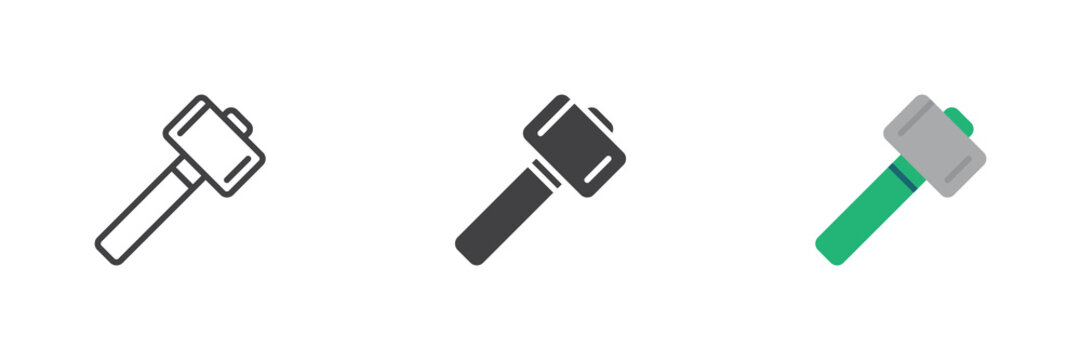Sledgehammer icon in line, solid and flat colorful styles. Sledgehammer icon shows heavy hammer head and handle, color vector sign and symbol for demolition.