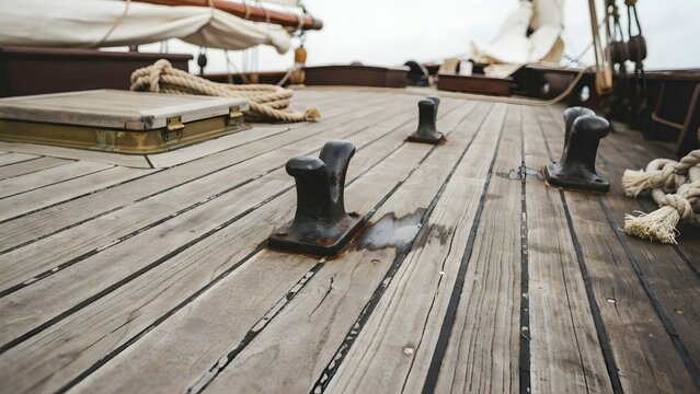 Close-up of wooden ship deck with metal bollards and ropes on sailing vessel