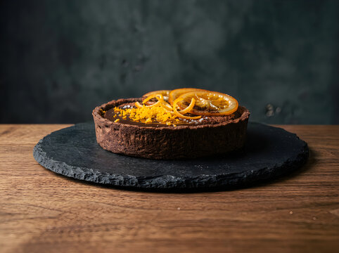 A delicious chocolate tart topped with orange zest served on a rustic stone plate on wood