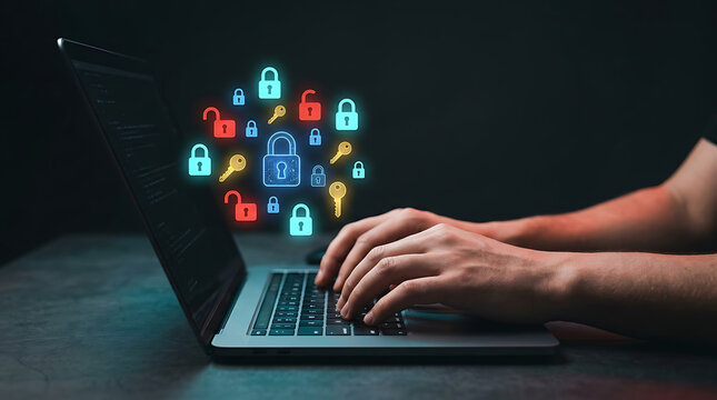 Close up of hands typing on a laptop keyboard surrounded by glowing holographic cybersecurity locks