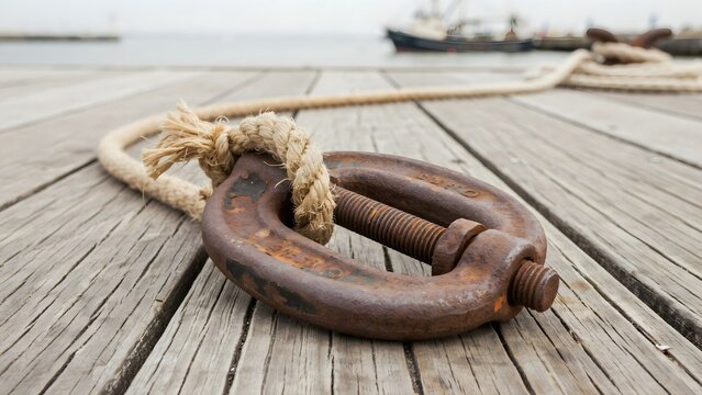 Close-up of large rusty ship's anchor resting on wooden dock with boats in background