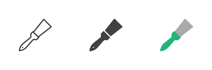 Fototapeta premium Putty knife icon set shows putty knife icon in line, solid and flat colorful color styles. Scraper tool vector sign and symbol for repair work and plaster.