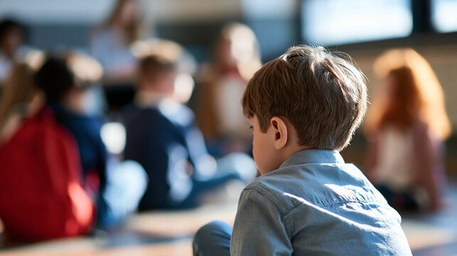 rear view of a lonely schoolboy sitting alone while classmates ignore him in a bright school setting, back to camera, social exclusion concept, bullying awareness, bright, with