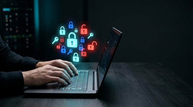 Side view of a person typing on a laptop with glowing colorful cybersecurity padlocks and keys