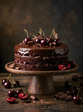 Rich chocolate cake decorated with dark cherries on a rustic wooden stand