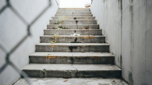 Concrete outdoor staircase with high walls and weeds growing between steps