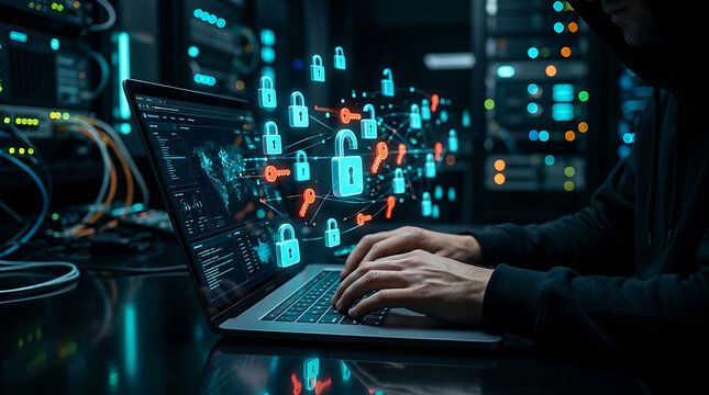Hacker typing on a laptop computer inside a server room with digital security lock holograms
