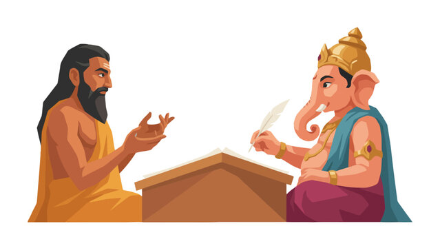 Flat vector illustration of Sage Ved Vyasa reciting the Mahabharata epic to Lord Ganesha writing with a feather quill at a wooden desk on an isolated white background
