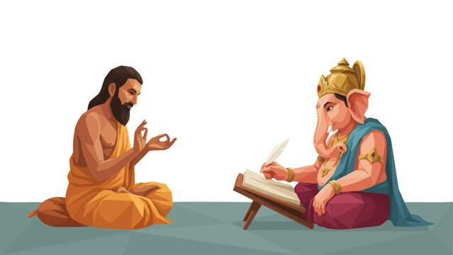 Flat vector illustration of Sage Ved Vyasa reciting the Mahabharata epic to Lord Ganesha writing with a feather quill at a wooden desk on an isolated white background