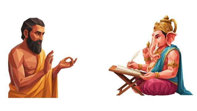 Flat vector illustration of Sage Ved Vyasa reciting the Mahabharata epic to Lord Ganesha writing with a feather quill at a wooden desk on an isolated white background