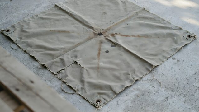 Worn beige canvas tarp lying on concrete surface with metal grommets