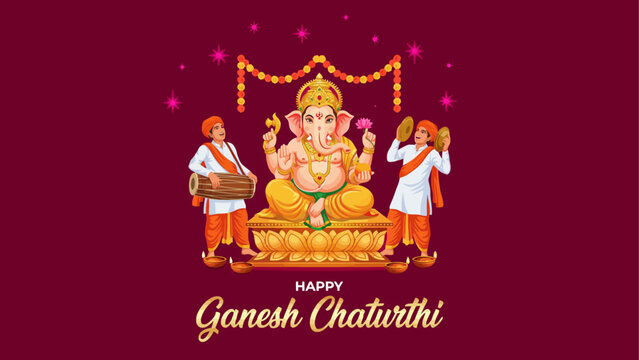 Happy Ganesh Chaturthi festival banner vector with Lord Ganesha on lotus pedestal, Dhol Tasha drummers, marigold garland toran, and diya lamps on maroon background