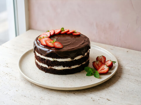 Delicious homemade chocolate layer cake with white cream filling topped with fresh strawberries on a rustic plate