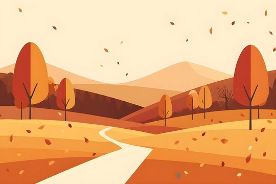 Modern flat vector illustration of a peaceful autumn landscape with colorful tree