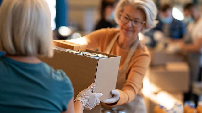 rear view of an elderly woman proudly holding a box of donated food items in bright even lighting, back to camera, volunteers preparing similar boxes in the background, community