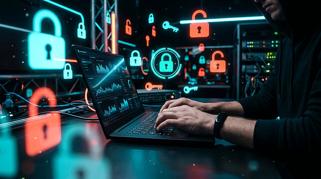 It specialist programming secure network systems on laptop with holographic cybersecurity padlocks