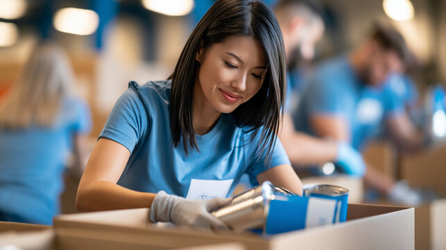 rear view of a diverse group of young volunteers packing canned food into cardboard boxes in a bright organized space, backs to camera, charity foundation concept, teamwork,