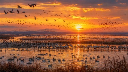 Naklejka premium Bird Migration at Sunset: A breathtaking spectacle of thousands of migratory birds takes flight and rests on the water's surface against a vibrant sunset sky, creating a stunning natural panorama.