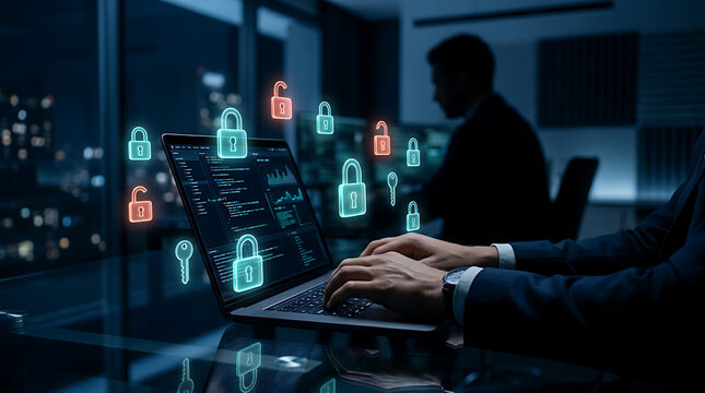 Software developers working on cybersecurity systems with glowing padlock icons on laptops