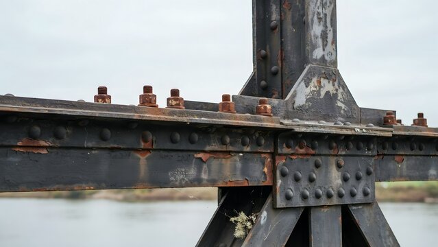 Close-up of Rusted Metal Bridge Structure with Bolts and Rivets over Water