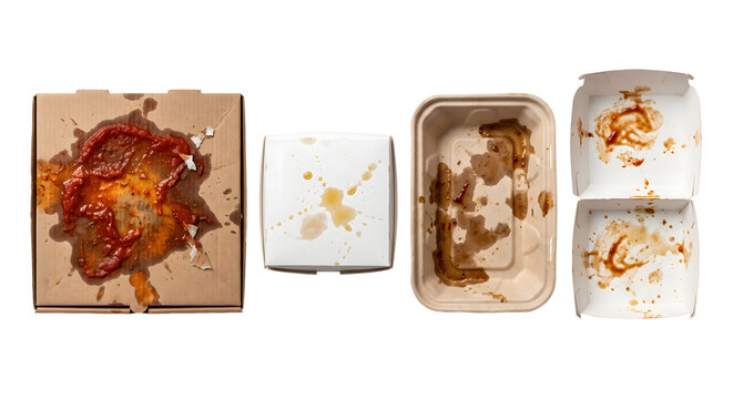 Discarded cardboard pizza boxes and dirty food containers with grease stains on transparent background.