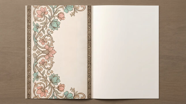 Elegant open journal with intricate floral and vine border design, offering a pristine blank page for creative expression and ideas