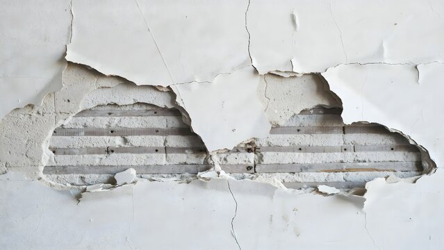 Close-up of damaged white wall with cracks and exposed brick surface