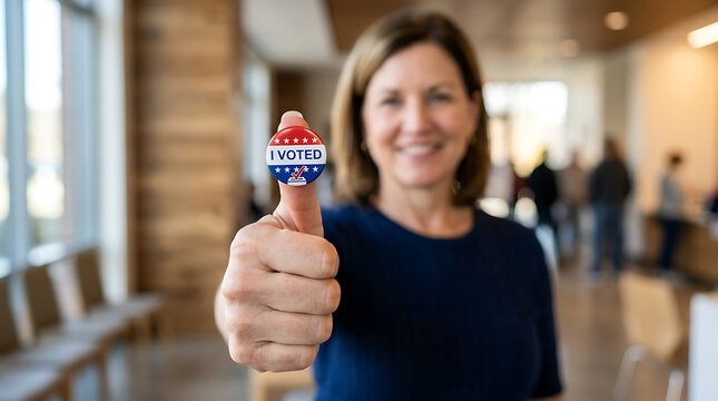 Proud woman displaying an i voted sticker on her thumb after casting her ballot at the voting place