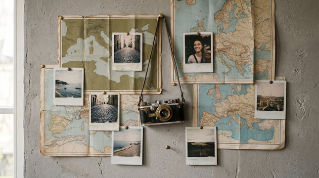 Vintage camera hanging on wall covered with maps and travel photos. Travel planning, wanderlust, adventure, tourism industry.