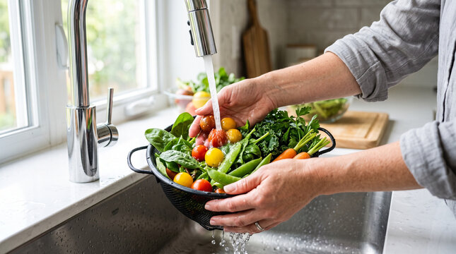 Hands washing fresh vegetables in a colander at a kitchen sink  