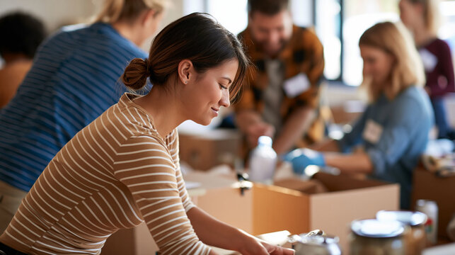 rear view of five volunteers sorting donations of clothes, blankets and food into boxes in a bright community room, backs to camera, teamwork concept, positive atmosphere,