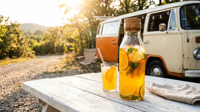 Refreshing citrus drink with mint and ice on wooden table outdoors. Camping van in background, sunset lighting, leisure, travel, summer.
