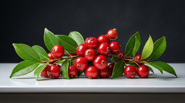 Cluster of fresh red jambu berries on branch with green leaves. Food industry, healthy eating, tropical fruit, natural produce.